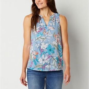 St. John's Bay Size Medium Light Blue Floral Split Neck Sleeveless Blouse